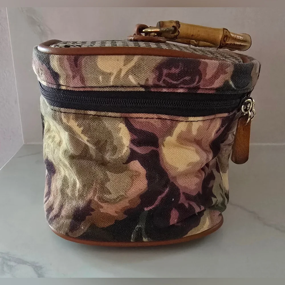 Vtg Avon Autumn Rose Floral‎ Houndstooth Canvas Bamboo Makeup Bag Accessory Set